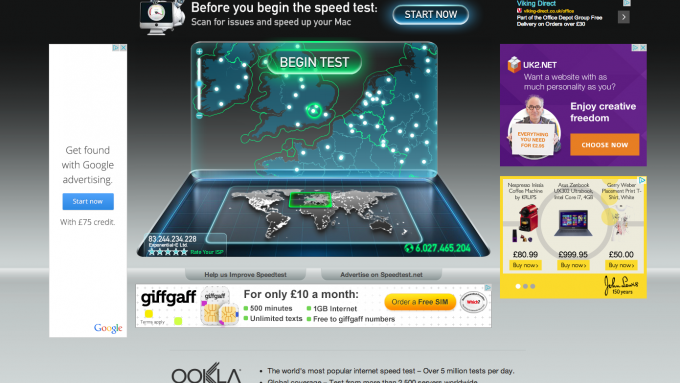 SpeedTest online bredbåndshastighedskontrol