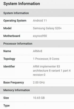 Popis Samsung Galaxy S20 + Geekbench na Androidu 11