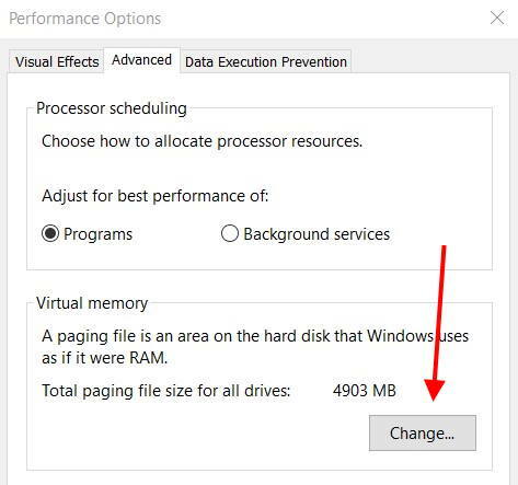 Öka virtuellt minnesstorlek på Windows 10-egenskaper