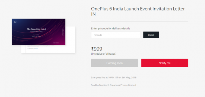 OnePlus 6 India lanseringsarrangement India-billett