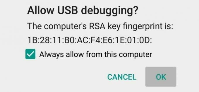 emergente para permitir la depuración USB 