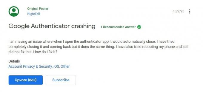 google authenticator crasht ios 14.2
