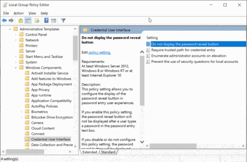 Deaktivieren der Schaltfläche zum Anzeigen des Kennworts in Windows 10