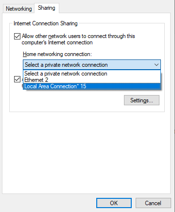 Izberite Network Connection for Sharing - Windows