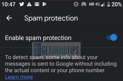 Protección contra correo no deseado para mensajes de Android
