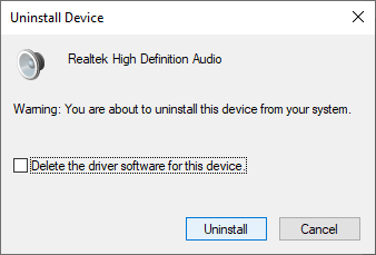 Patvirtinkite „Realtek Audio“ tvarkyklės pašalinimą per „Device Manager“ - „Windows 10“
