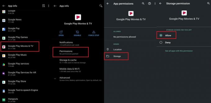 Активирайте разрешението за съхранение за приложението Google Play Филми и ТВ