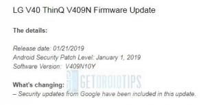 Λήψη LG V40 ThinQ Ιανουάριος 2019 Patch ασφαλείας στη Νότια Κορέα: V409N10Y