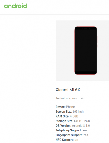 Xiaomi Mi 6X listagem do Android