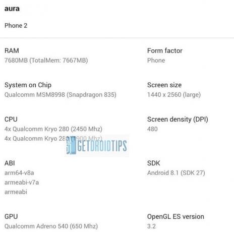 Razer Phone 2 Specifikationslækage
