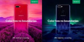 Oppo F9 oficiālais plakāts un rokas uz attēla virsmas pirms izlaišanas notikuma