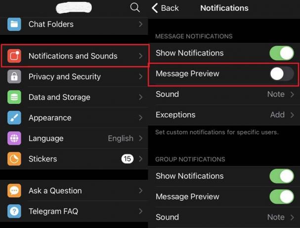 désactiver l'option d'aperçu des messages dans Telegram