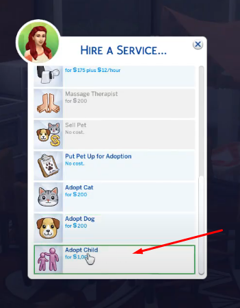 Escolhendo a opção de adotar uma criança no The Sims 4