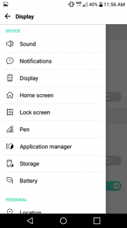 Captura de pantalla de configuración de pantalla LG Stylo 2 V